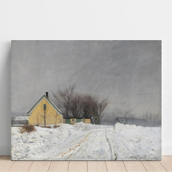 Riproduzione del dipinto Giornata invernale nebbiosa, a sinistra, una casa gialla, neve abbondante - Laurits Andersen Ring