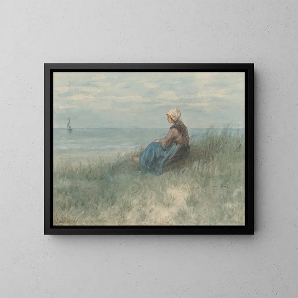 Una donna seduta su una duna che guarda il mare - Jozef Israëls — quadro incorniciato alla parete