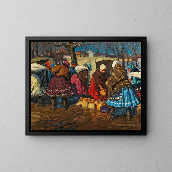 Un mercato di ceramiche a Mihalovce - Jozef Teodor Mousson — quadro incorniciato alla parete
