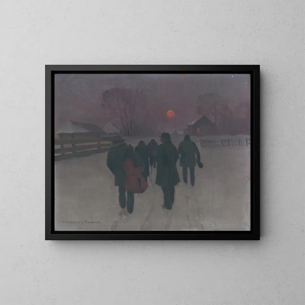 Musicisti che rientrano al mattino presto attraverso un paesaggio innevato - Jozef Teodor Mousson — quadro incorniciato alla parete