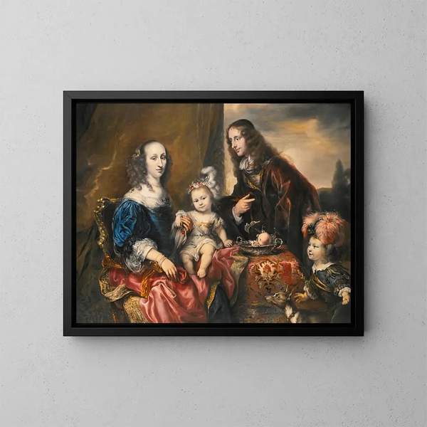 Un ritratto di famiglia elegante tradizionalmente identificato come quello del colonnello John Hutchinson (1616-1664) e della sua famiglia - Jürgen Ovens — quadro incorniciato alla parete