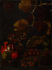 Natura morta con uva, mele, castagne, mandorle, ghiande e una bottiglia in terracotta rossa - Juan Fernández el Labrador — vista dell’opera