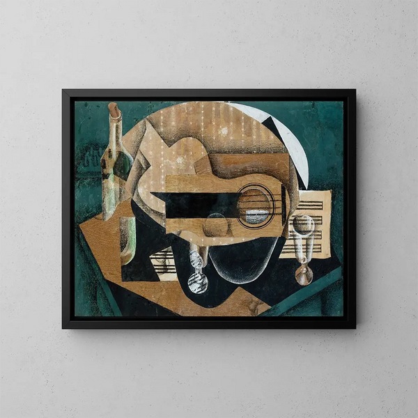 Una chitarra, degli occhiali e una bottiglia - Juan Gris — quadro incorniciato alla parete