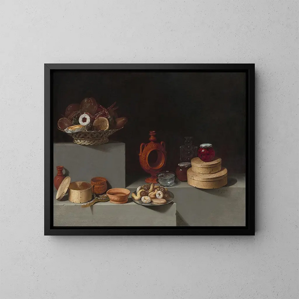 Nature morte con dolci e ceramiche - Juan van der Hamen y León — quadro incorniciato alla parete