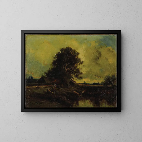 Paesaggio fluviale con un cottage - Jules Dupré — quadro incorniciato alla parete