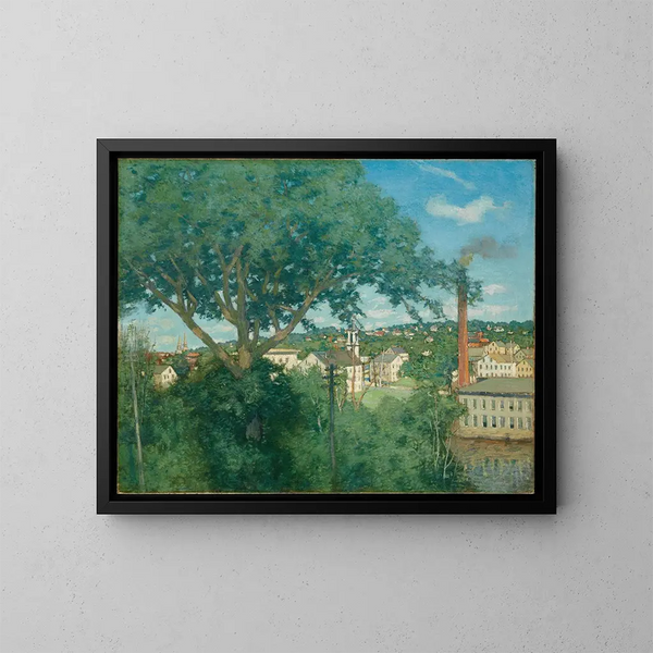 Il villaggio della fabbrica - Julian Alden Weir — quadro incorniciato alla parete