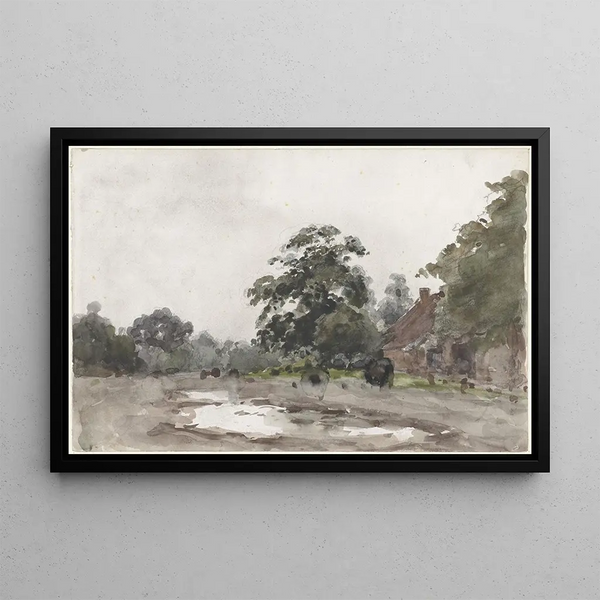 Julius Jacobus van de Sande Bakhuyzen - Boerderij onder hoge bomen met water op de voorgrond.webp