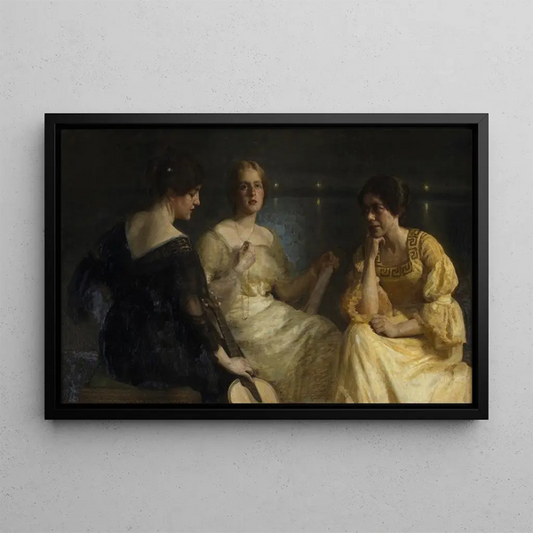 Giovani donne, da sinistra a destra: Karen Bramsen, la moglie dell'artista, Esther F. Lange, Johanne Munch-Petersen - Julius Paulsen — quadro incorniciato alla parete