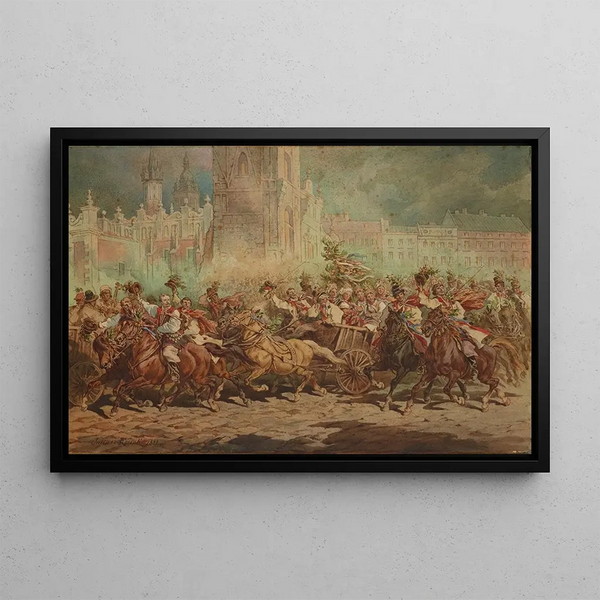 Juliusz Kossak - Krakow Wedding Procession Riding in Front of the Emperor on the Main Market Square in Krakow.webp