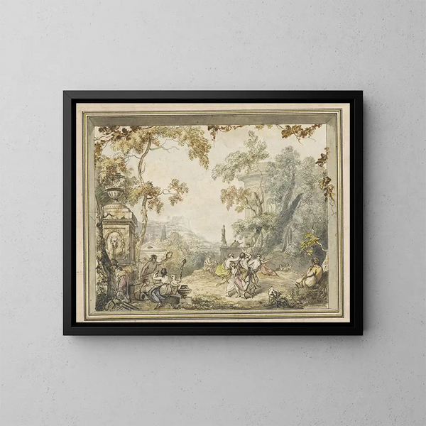 Conception per una pittura murale di una camera, paesaggio idilliaco arcadico con edifici classici - Jurriaan Andriessen — quadro incorniciato alla parete