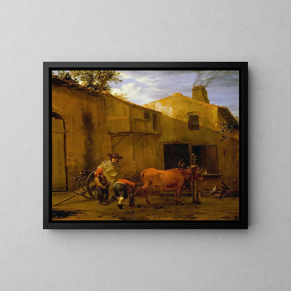 Un maniscalco che calza un bue - Karel Dujardin — quadro incorniciato alla parete