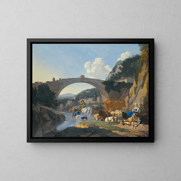 paesaggio in corsivo con pastori e animali che si riposano vicino a un fiume sotto un ponte - Karel Dujardin — quadro incorniciato alla parete