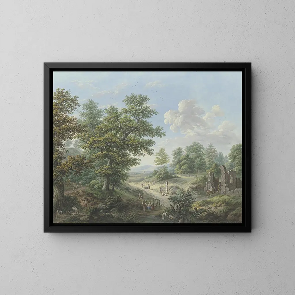 Uscita dalla foresta a destra, la rovina di una cappella in cui un cavaliere si impegna. - Karl Franz Kraul — quadro incorniciato alla parete