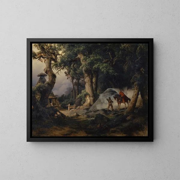 Fornello a carbone in una foresta di querce - Karl Friedrich Lessing — quadro incorniciato alla parete