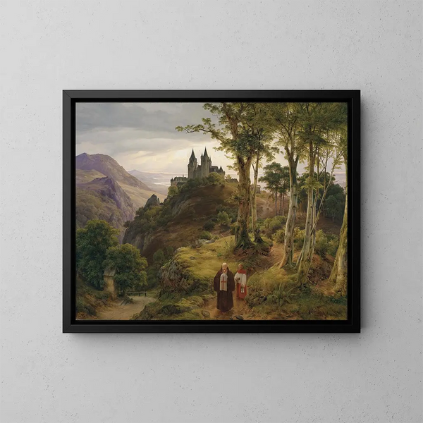 Paesaggio romantico con monastero - Karl Friedrich Lessing — quadro incorniciato alla parete