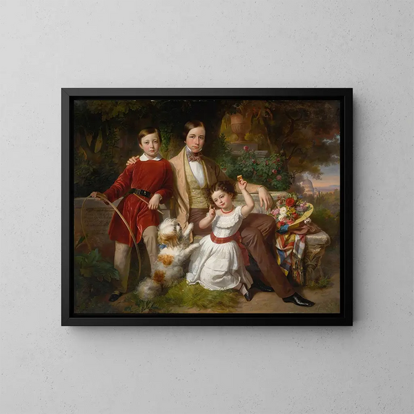 Il principe di Valmontone con la donna Gwendalina Doria Pamphili e Bertram Talbot in un giardino di villa - Karl von Blaas — quadro incorniciato alla parete