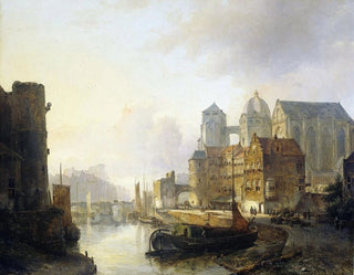 Vista immaginaria di una città sul bordo dell'acqua con la cattedrale di Aix-la-Chapelle - Kasparus Karsen — vista dell’opera