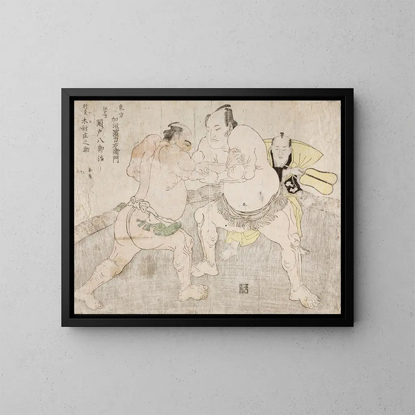 Lotteurs Kajigahama Rikiemon du groupe oriental et Sekinoto Hachirji de l'Edo avec l'arbitre Kimura Shnosuke - Katsukawa Shunshō — quadro incorniciato alla parete