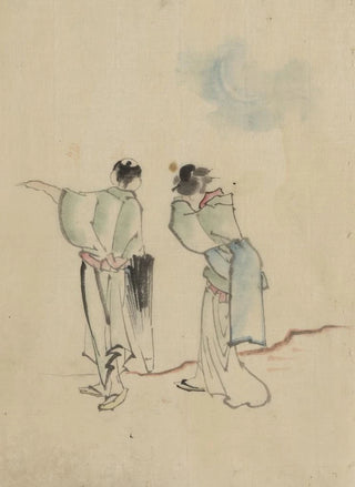 Katsushika Hokusai - A man and a woman seen from behind are looking to where the man is pointing with his left arm.webp