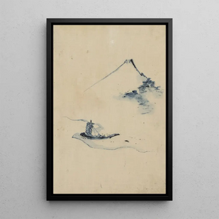 Katsushika Hokusai - A person in a small boat on a river with Mount Fuji in the background.webp