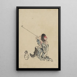 Katsushika Hokusai - A traveler seated wearing a robe boots and roundedtop conical hat smoking a long pipe.webp