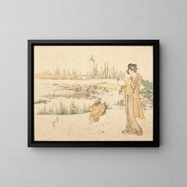 Donna e bambino in un giardino, frammento del Venditore di pesci rossi - Katsushika Hokusai — quadro incorniciato alla parete