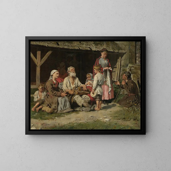 Scène di genere con un suonatore di cetra davanti a un cottage - Kazimierz Pochwalski — quadro incorniciato alla parete