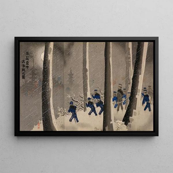 Grande battaglia feroce nella neve vicino a Niuzhuang - Kobayashi Kiyochika — quadro incorniciato alla parete