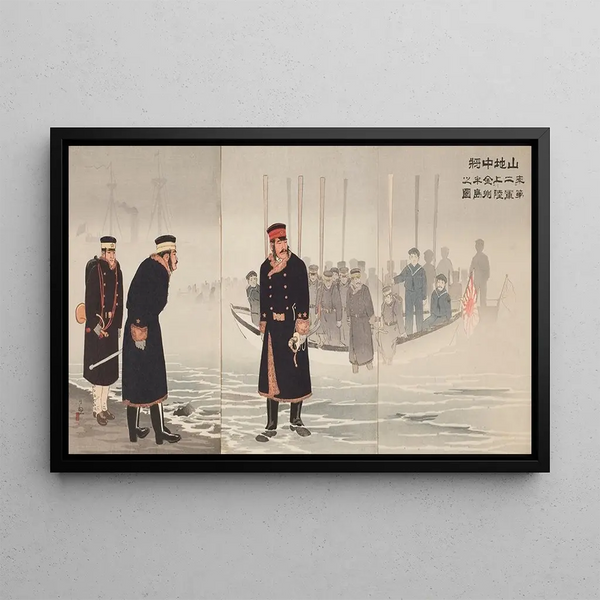 Il tenente generale Yamaji che guida la seconda armata giapponese durante lo sbarco sulla penisola di Jinzhou - Kobayashi Kiyochika — quadro incorniciato alla parete