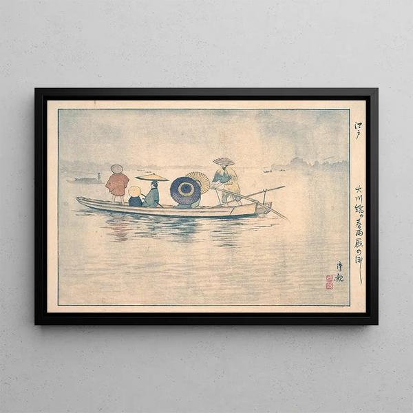 Pioggia di primavera vicino al ponte del fiume Kawa, il traghetto vicino alle scuderie - Kobayashi Kiyochika — quadro incorniciato alla parete