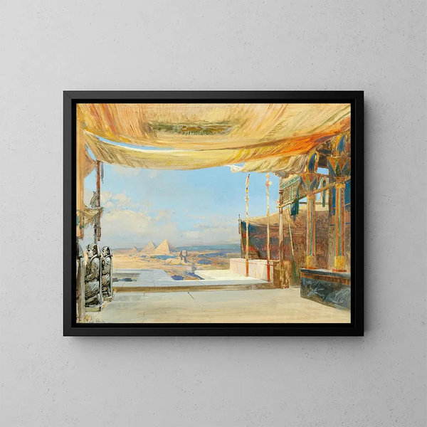 Vista dello Sfinx e delle piramidi di Giza - Konrad Petrides — quadro incorniciato alla parete