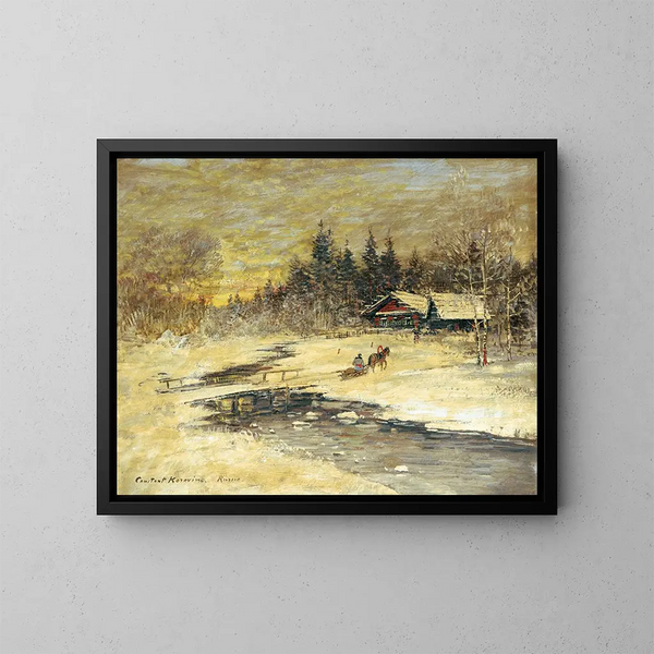 Treno sul ponte al tramonto - Konstantin Alexeïevitch Korovine — quadro incorniciato alla parete