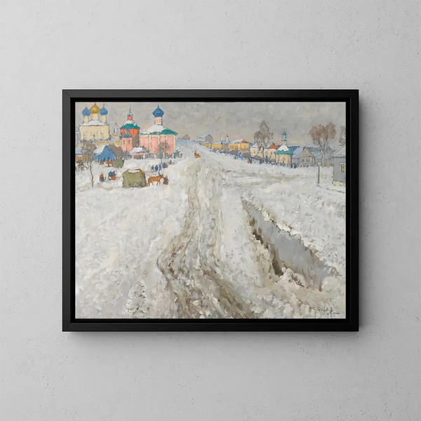 Città russa sotto la neve - Konstantin Ivanovich Gorbatov — quadro incorniciato alla parete