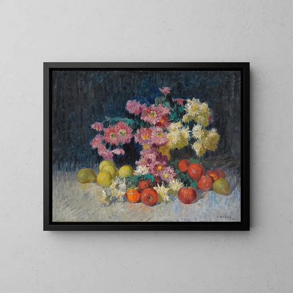Nature morte con fiori e frutta - Konstantin Ivanovich Gorbatov — quadro incorniciato alla parete
