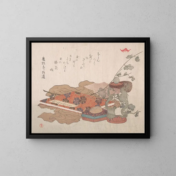 Supporto per libri contenente una sfera di cristallo e un pezzo di tessuto - Kubo Shunman — quadro incorniciato alla parete