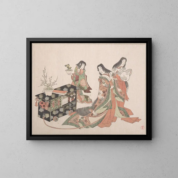 Dames di corte che trascinano un mobile sul pavimento - Kubo Shunman — quadro incorniciato alla parete
