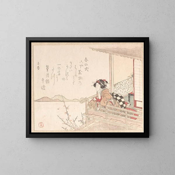 cortigiana appoggiato sulla balaustra di una veranda - Kubo Shunman — quadro incorniciato alla parete