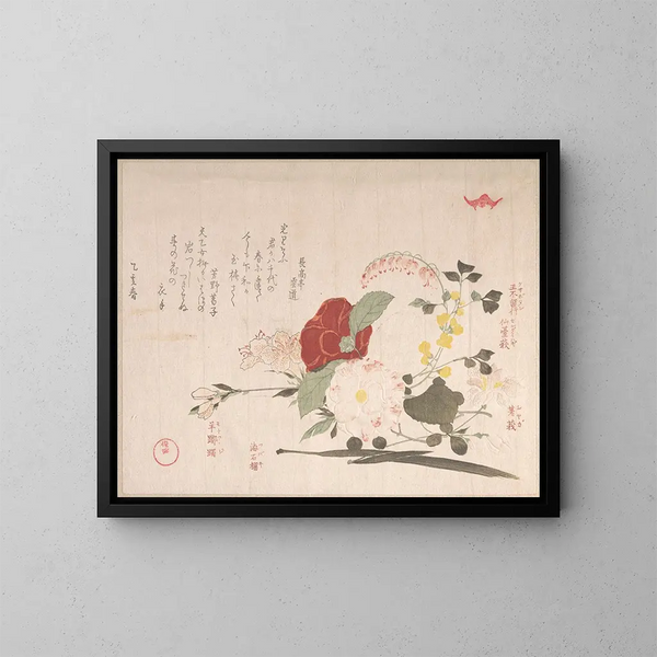 Fiori recisi: clematide, cespuglio di trifoglio, iris, camelia e azalea - Kubo Shunman — quadro incorniciato alla parete