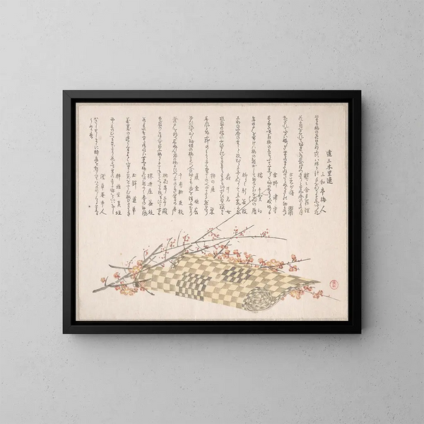Rami di prugno con fiori e un tappeto arrotolato - Kubo Shunman — quadro incorniciato alla parete