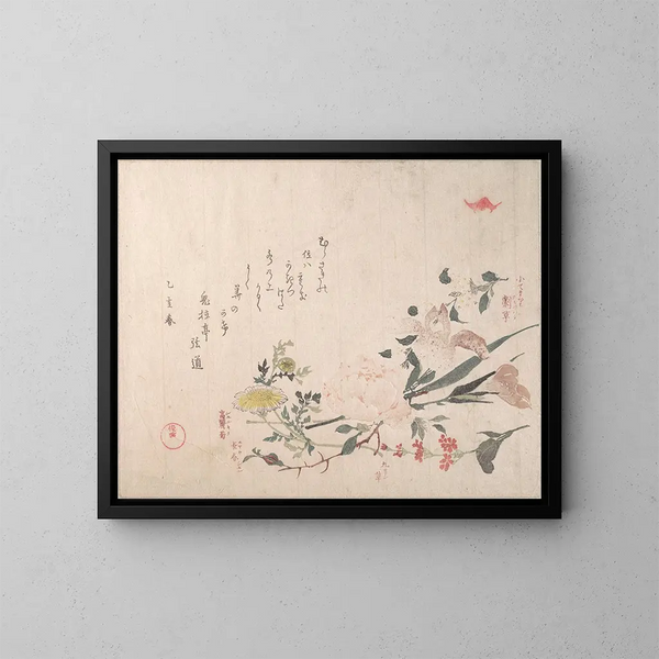 Rose, iris, primula e margherita - Kubo Shunman — quadro incorniciato alla parete