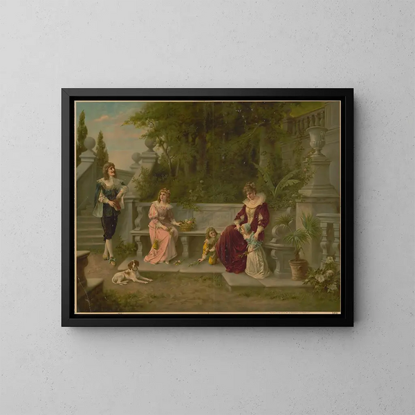 Donna, uomo e bambini su una panchina in un giardino - Kunstanstalten AG — quadro incorniciato alla parete
