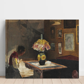 Reproduction L'épouse de l'artiste Sigrid cousant à la lumière de la lampe - Laurits Andersen Ring