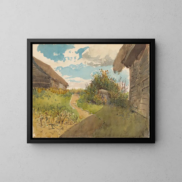 Paesaggio tra fienili - Ladislav Mednyánszky — quadro incorniciato alla parete