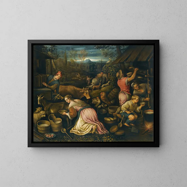 Printemps, una scena di villaggio con contadini che trattano capre e fanno il pane - Leandro Bassano — quadro incorniciato alla parete