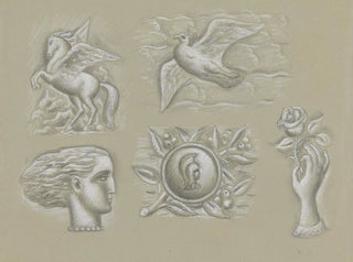 Conceptions pour un filigrane de billet de banque: Pégase, colombe, tête de femme, blason et main avec rose - Leo Gestel — vista dell’opera