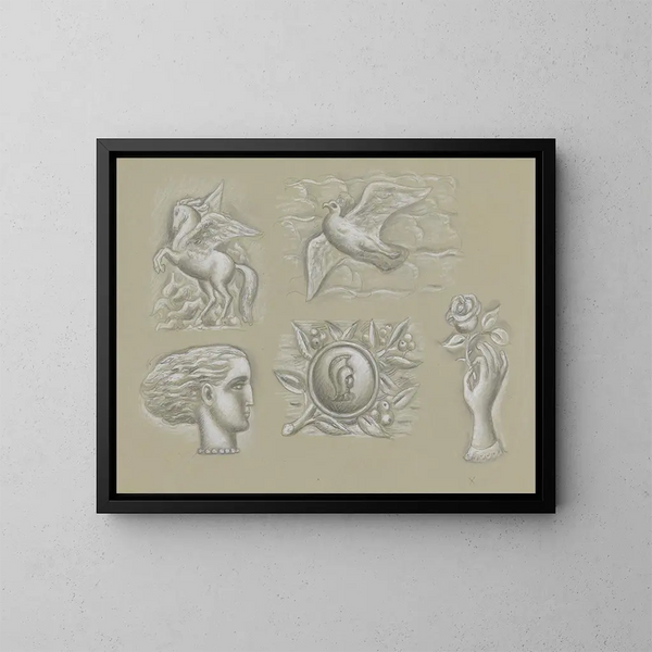 Conceptions pour un filigrane de billet de banque: Pégase, colombe, tête de femme, blason et main avec rose - Leo Gestel — quadro incorniciato alla parete