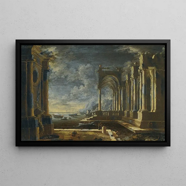 Rovine classiche con fontana sul mare - Leonardo Coccorante — quadro incorniciato alla parete