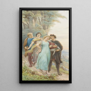 Leopold Bode - Die wieder vereinten Brautpaare auf dem Weg aus dem Wald vorn Helena und Demetrius dahinter Hermia und Lysander.webp