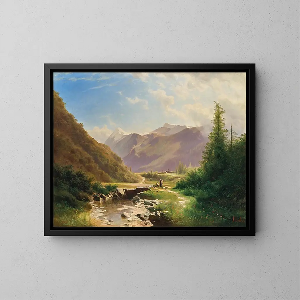 Pastori che riposano in un vasto paesaggio montano - Leopold Heinrich Vöscher — quadro incorniciato alla parete