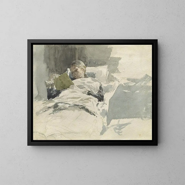 La donna dell'artista che legge a letto - Leopold von Kalckreuth — quadro incorniciato alla parete
